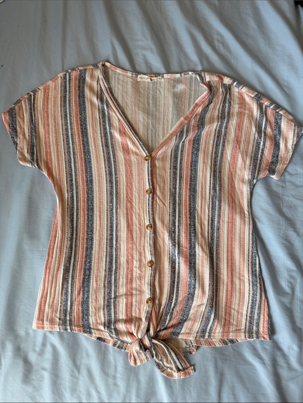 Striped Tie-Front Button Down Top in Pink/Blue - Women's